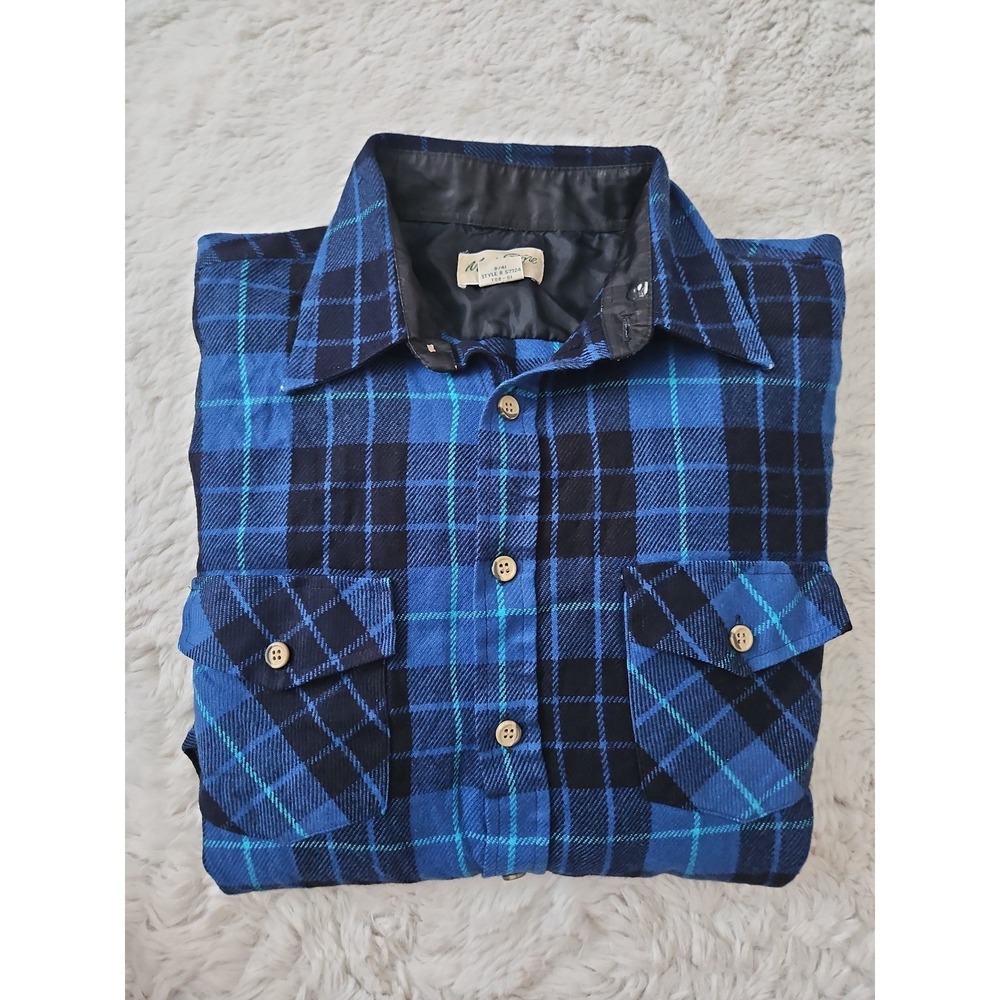 VTG Men's Store Sears Plaid Flannel Shirt L 16-16.5 Blue Black Acrylic Quilted